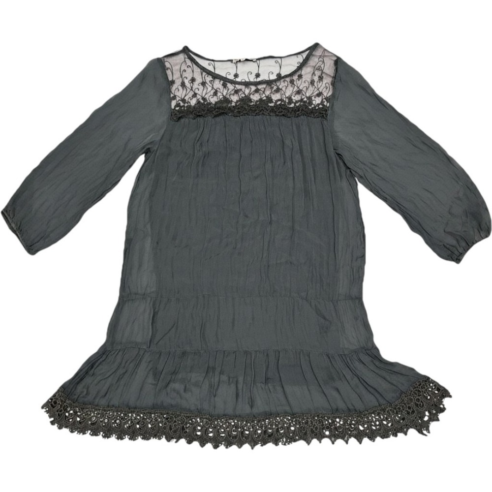 Prontomoda Giusy Italian Silk Dress Tunic L Grey Crochet Lace Tiered Boho VTG
